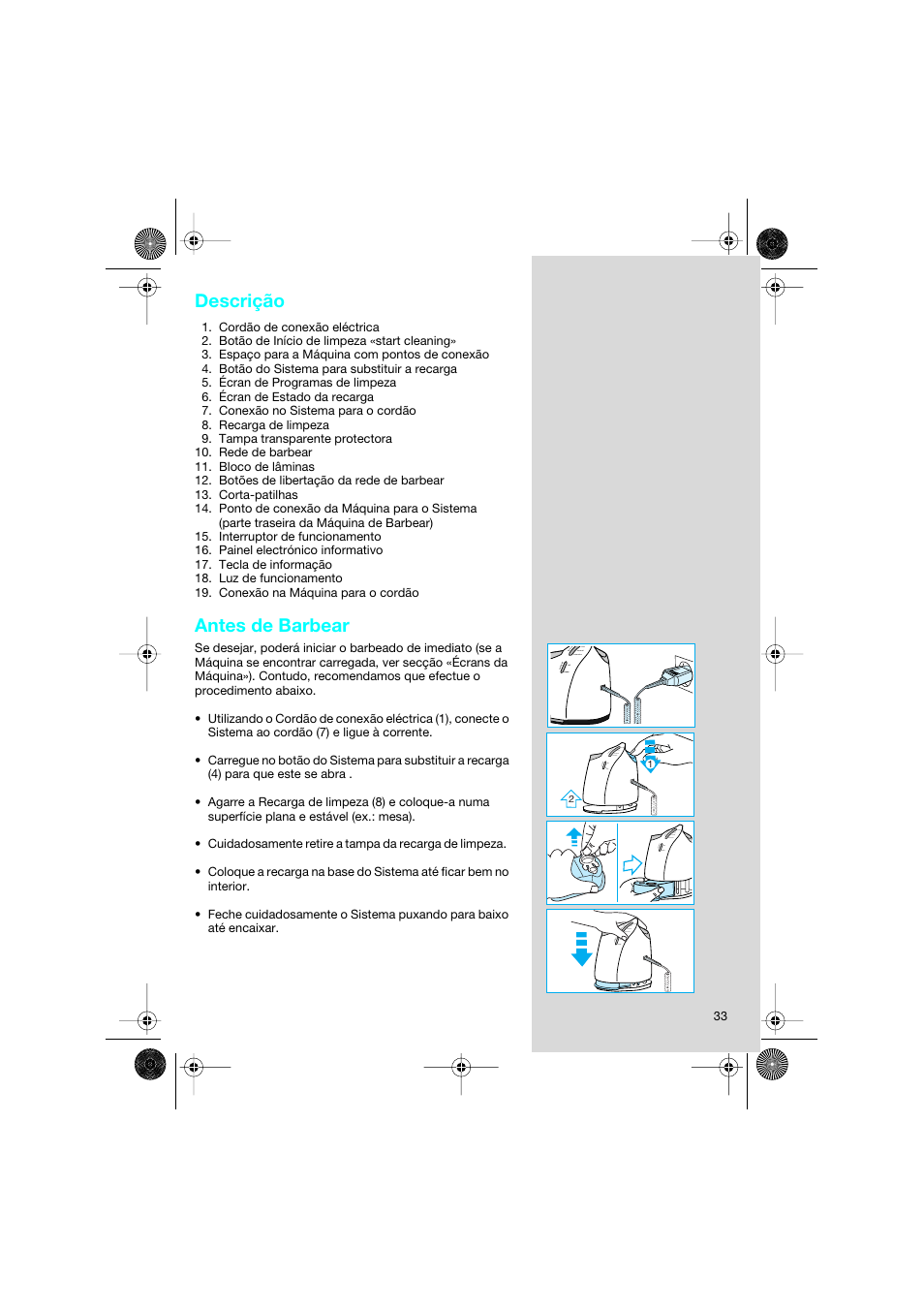 Descrição, Antes de barbear | Braun 8595 Activator  EU User Manual | Page 33 / 99
