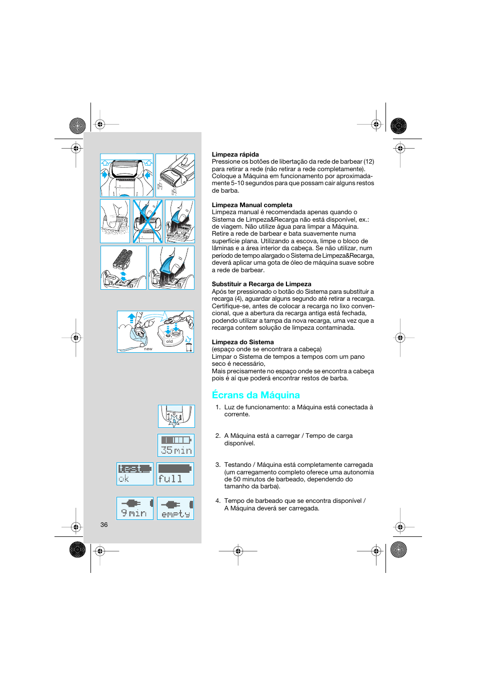 Écrans da máquina | Braun 8595 Activator  EU User Manual | Page 36 / 99