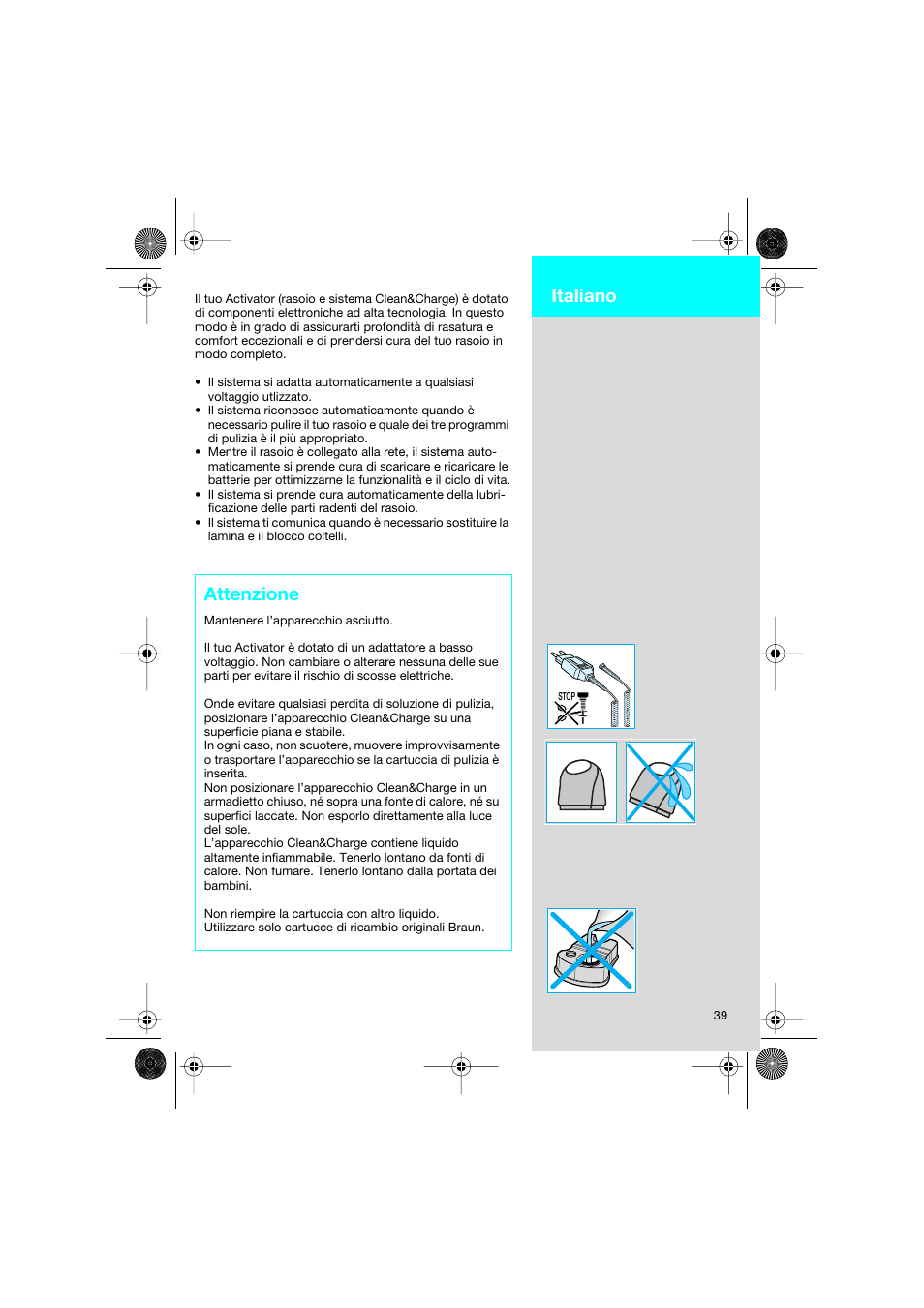 Attenzione, Italiano | Braun 8595 Activator  EU User Manual | Page 39 / 99