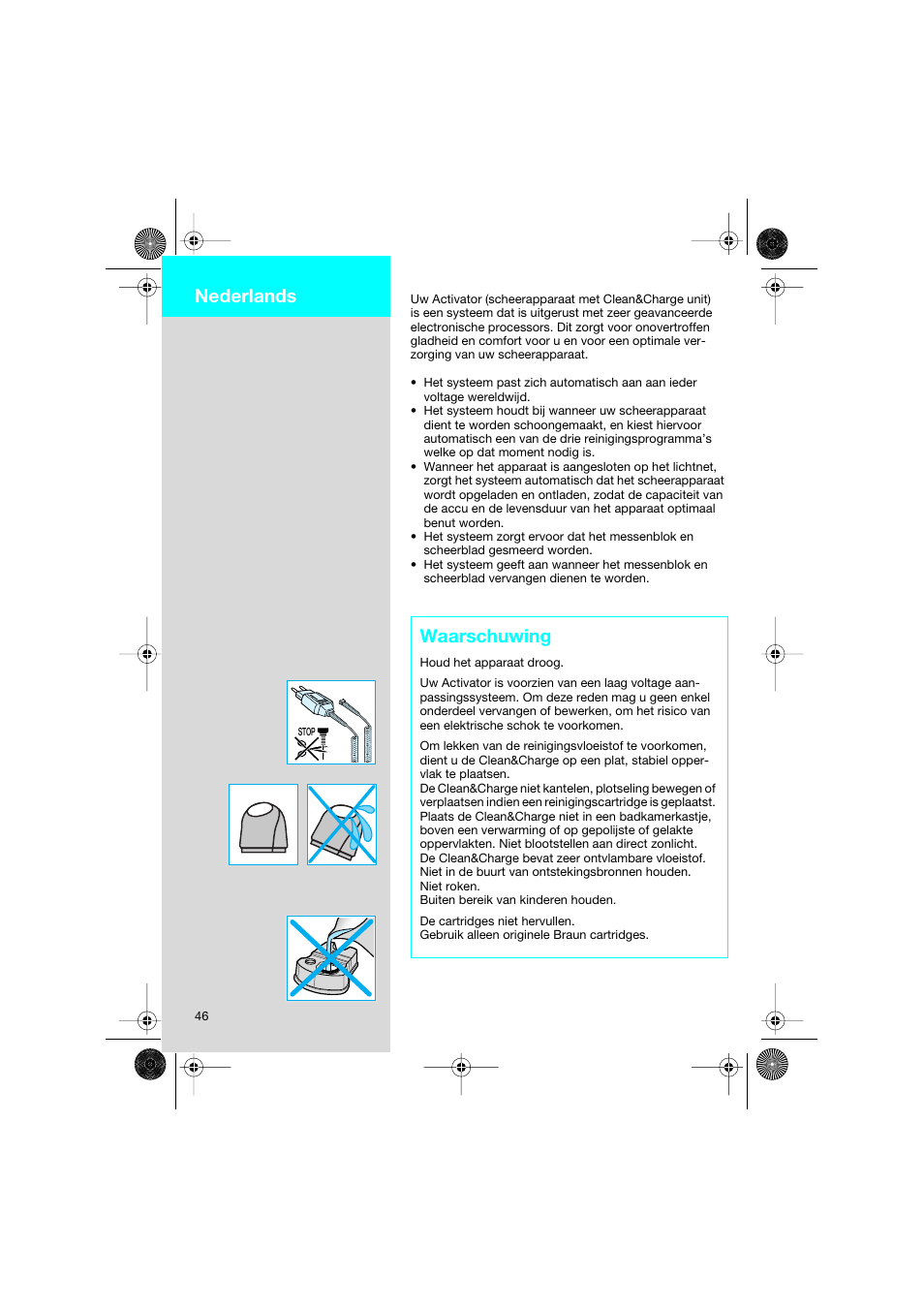 Waarschuwing, Nederlands | Braun 8595 Activator  EU User Manual | Page 46 / 99
