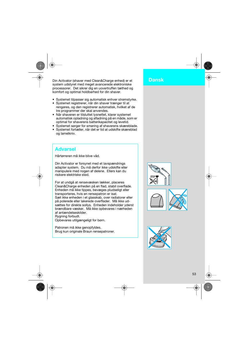 Advarsel, Dansk | Braun 8595 Activator  EU User Manual | Page 53 / 99
