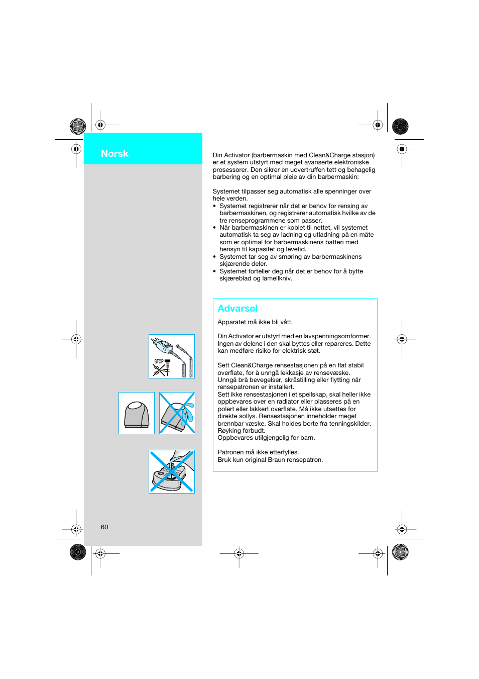Advarsel, Norsk | Braun 8595 Activator  EU User Manual | Page 60 / 99