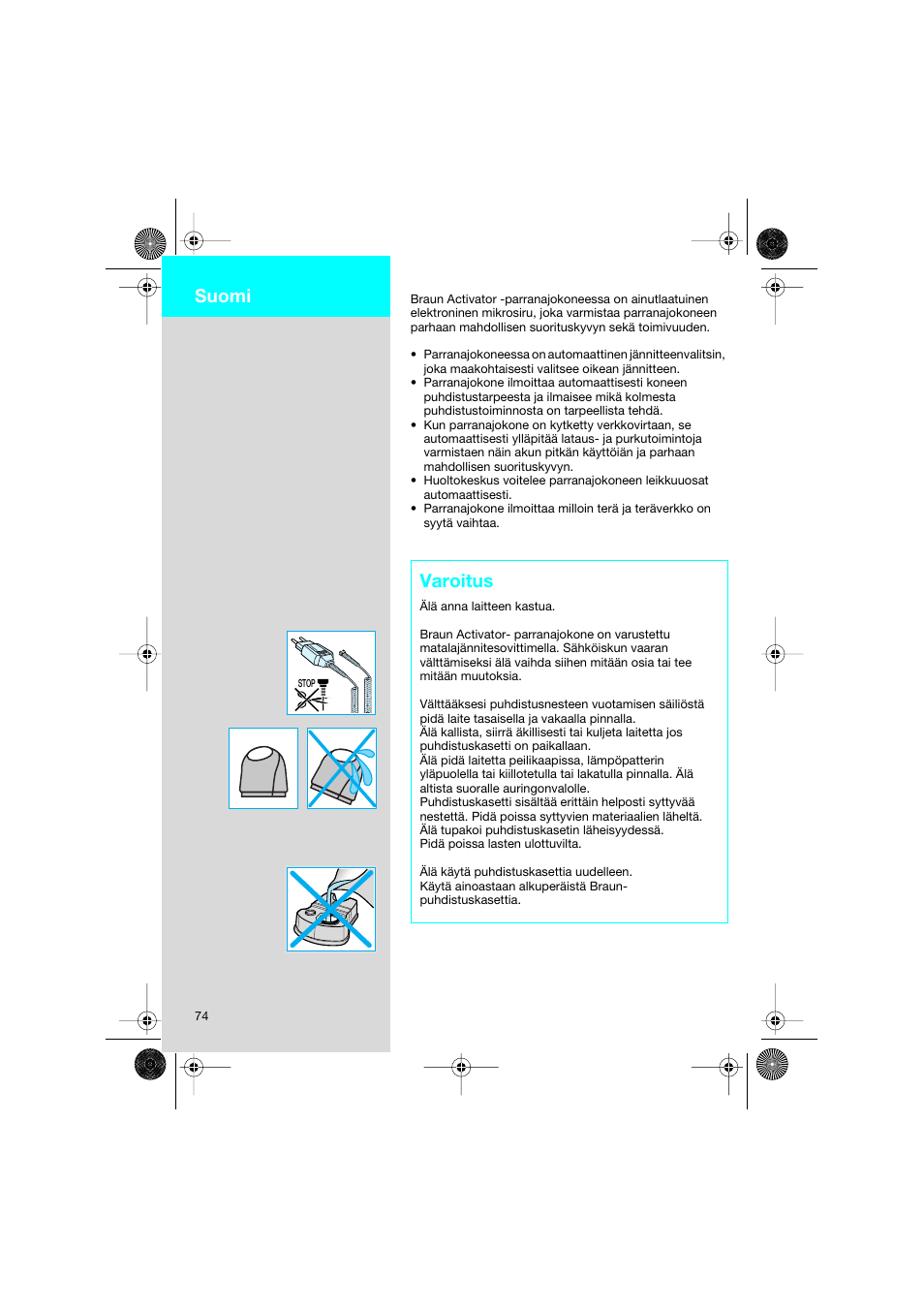 Varoitus, Suomi | Braun 8595 Activator  EU User Manual | Page 74 / 99