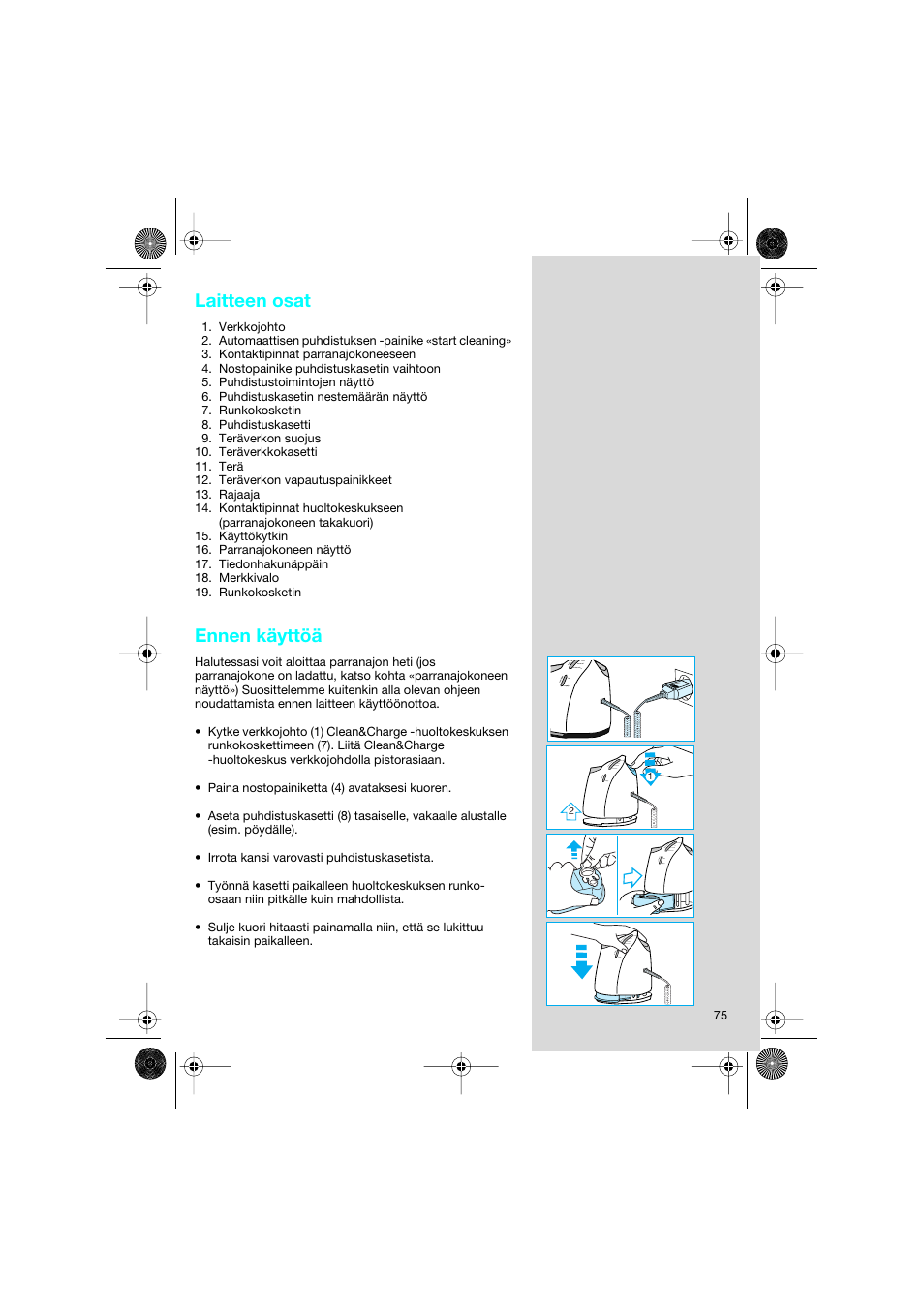 Laitteen osat, Ennen käyttöä | Braun 8595 Activator  EU User Manual | Page 75 / 99
