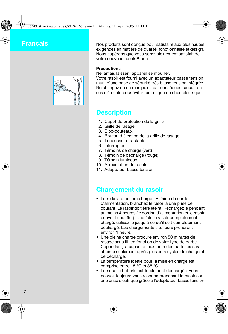 Description, Chargement du rasoir, Français | Braun 8583 Activator User Manual | Page 12 / 66