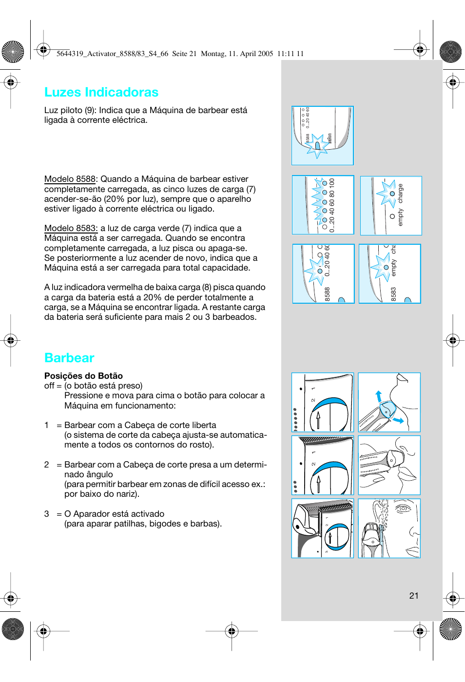 Luzes indicadoras, Barbear | Braun 8583 Activator User Manual | Page 21 / 66