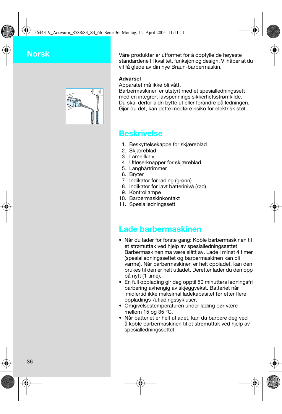 Beskrivelse, Lade barbermaskinen, Norsk | Braun 8583 Activator User Manual | Page 36 / 66