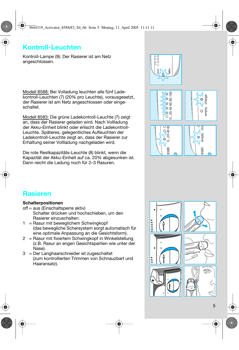 Kontroll-leuchten, Rasieren | Braun 8583 Activator User Manual | Page 5 / 66