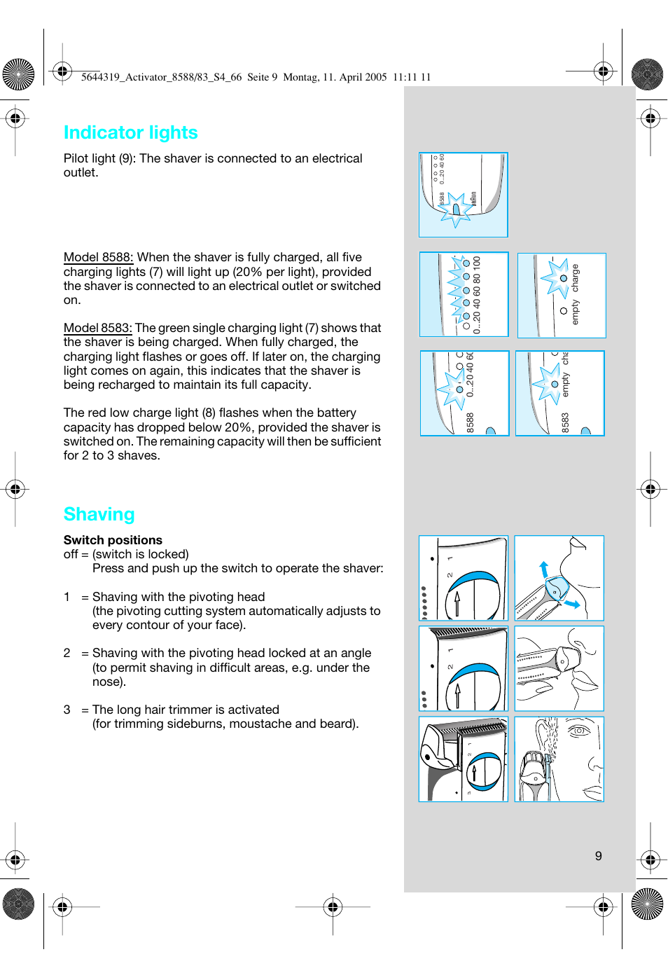 Indicator lights, Shaving | Braun 8583 Activator User Manual | Page 9 / 66
