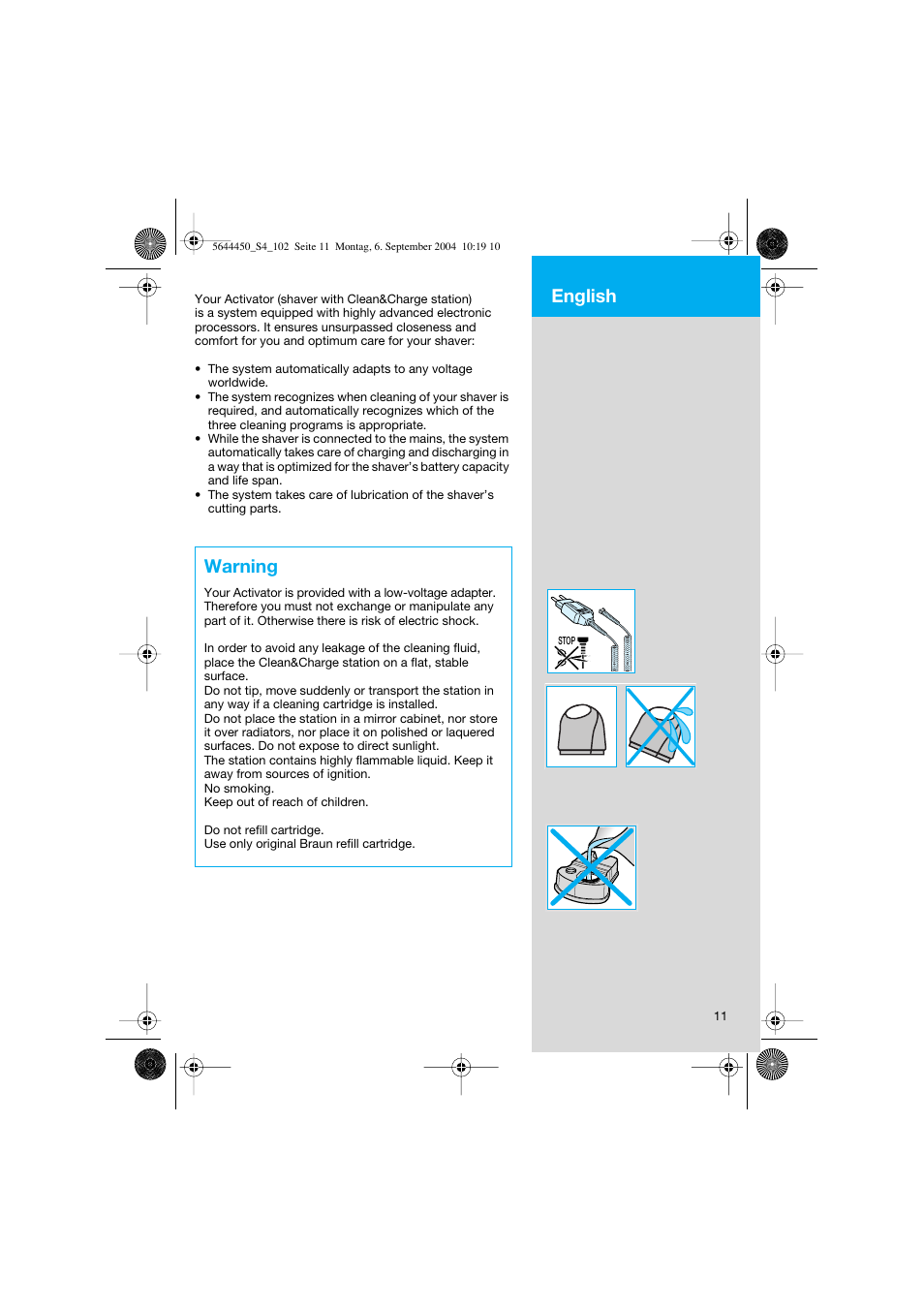 Warning, English | Braun 8585 Activator User Manual | Page 11 / 99