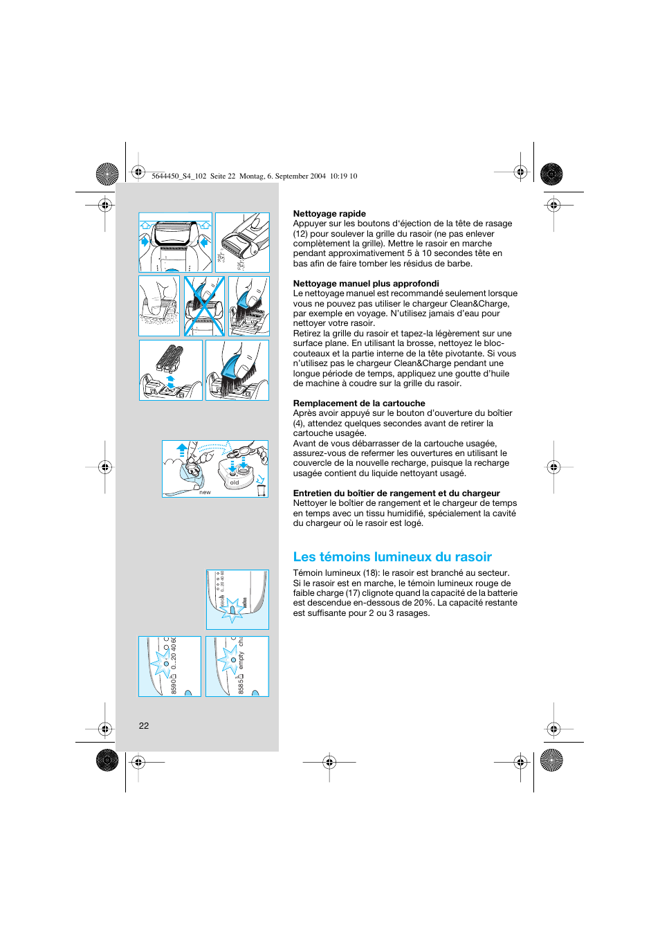 Les témoins lumineux du rasoir | Braun 8585 Activator User Manual | Page 22 / 99