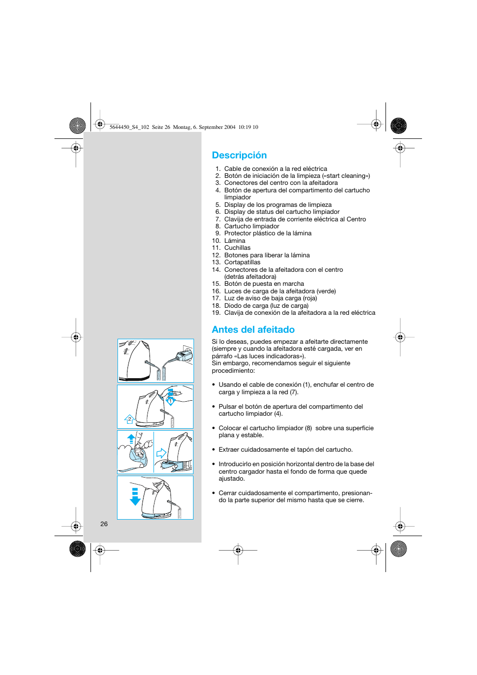 Descripción, Antes del afeitado | Braun 8585 Activator User Manual | Page 26 / 99