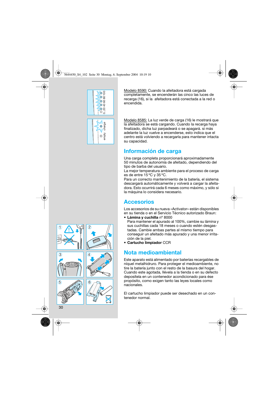 Información de carga, Accesorios, Nota medioambiental | Braun 8585 Activator User Manual | Page 30 / 99