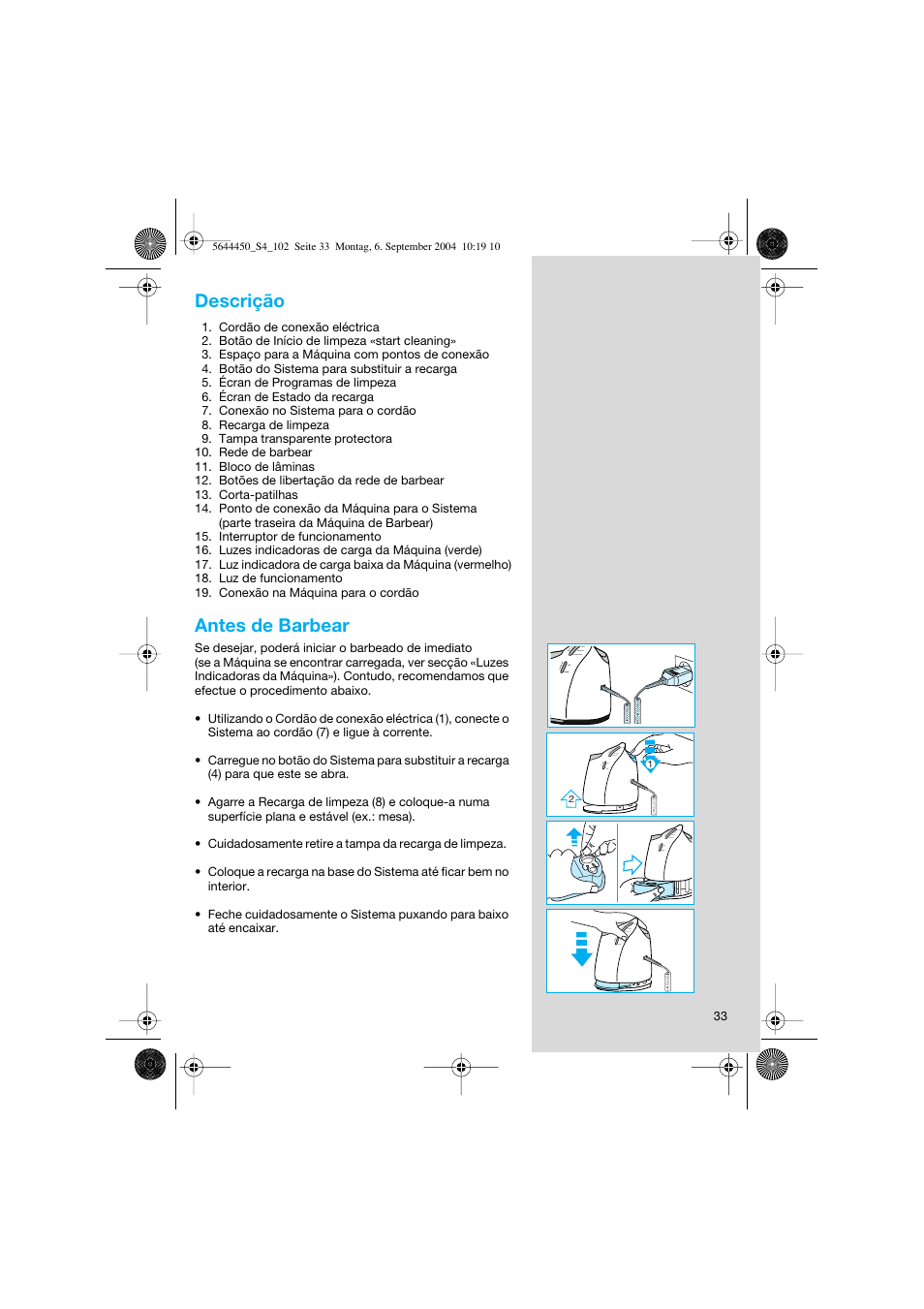 Descrição, Antes de barbear | Braun 8585 Activator User Manual | Page 33 / 99