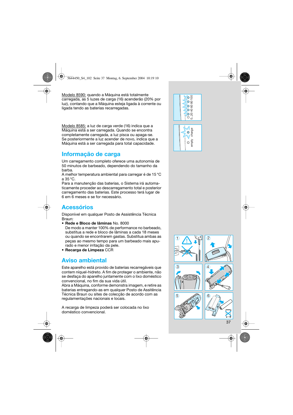 Informação de carga, Acessórios, Aviso ambiental | Braun 8585 Activator User Manual | Page 37 / 99