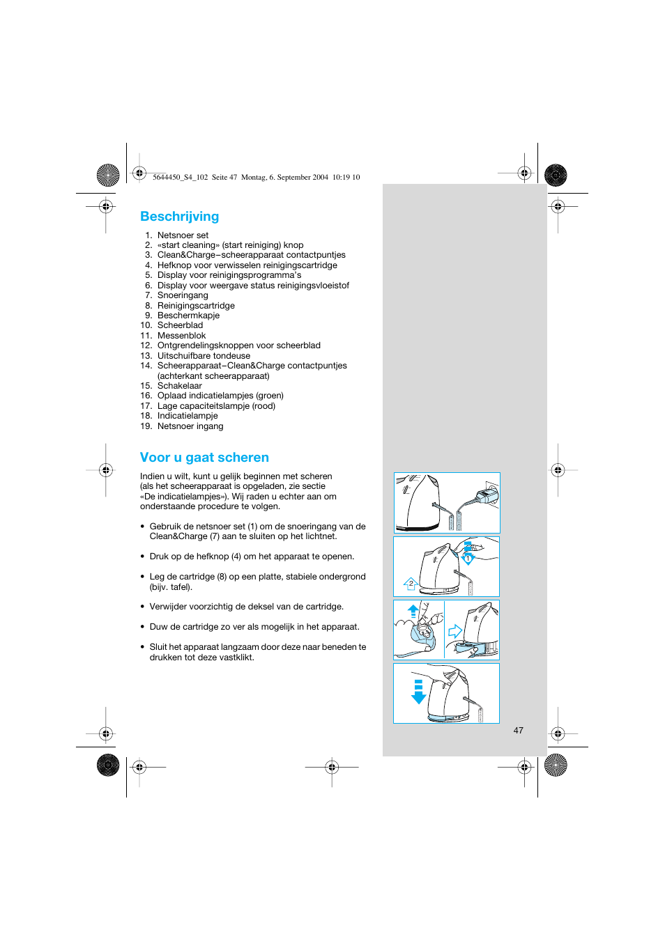 Beschrijving, Voor u gaat scheren | Braun 8585 Activator User Manual | Page 47 / 99