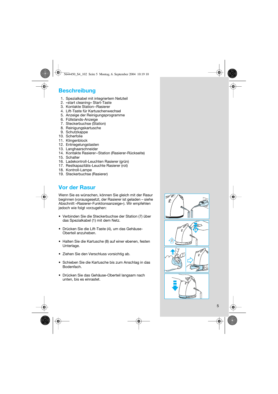 Beschreibung, Vor der rasur | Braun 8585 Activator User Manual | Page 5 / 99
