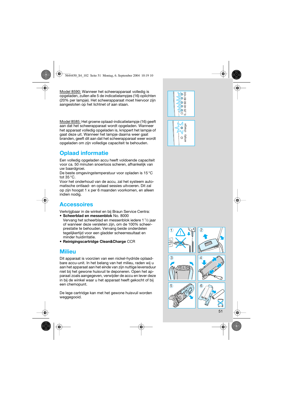 Oplaad informatie, Accessoires, Milieu | Braun 8585 Activator User Manual | Page 51 / 99