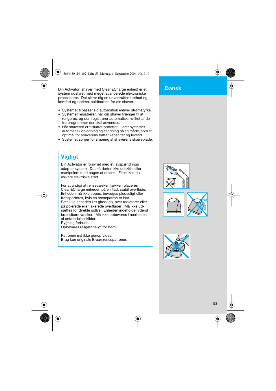 Vigtigt, Dansk | Braun 8585 Activator User Manual | Page 53 / 99