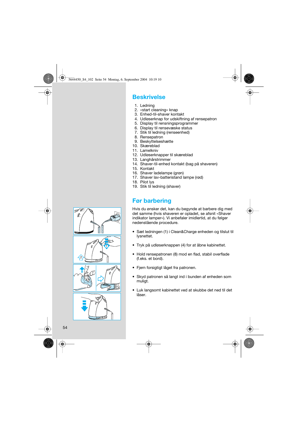 Beskrivelse, Før barbering | Braun 8585 Activator User Manual | Page 54 / 99