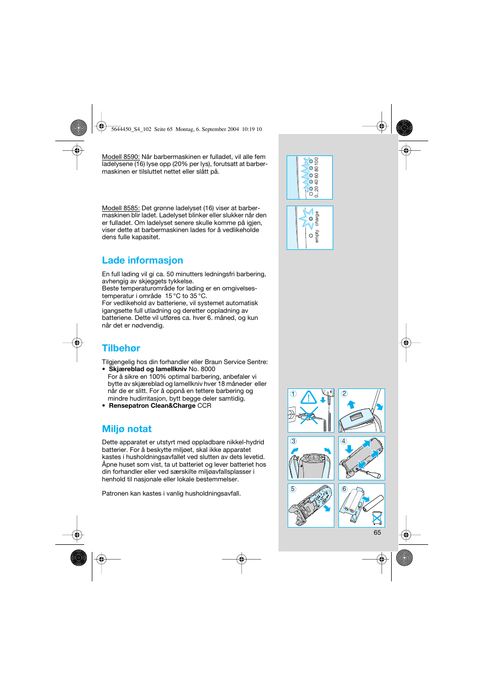 Lade informasjon, Tilbehør, Miljø notat | Braun 8585 Activator User Manual | Page 65 / 99