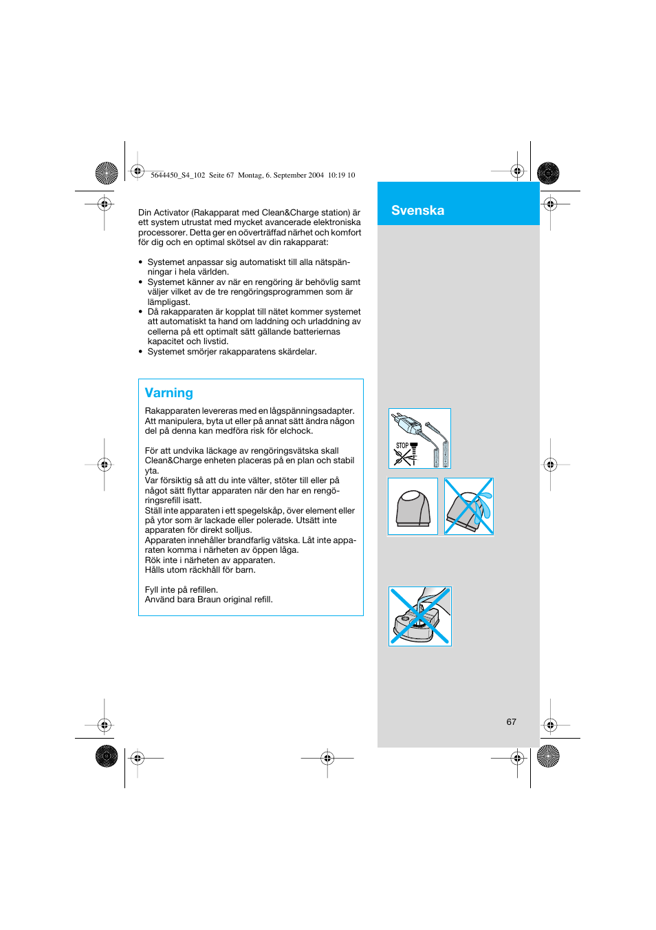 Varning, Svenska | Braun 8585 Activator User Manual | Page 67 / 99