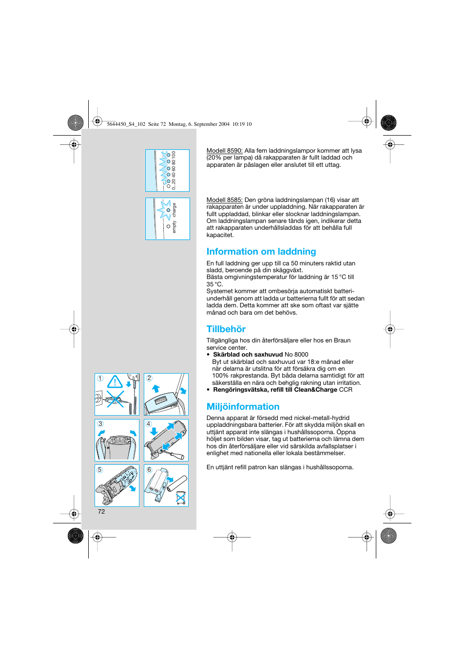 Information om laddning, Tillbehör, Miljöinformation | Braun 8585 Activator User Manual | Page 72 / 99