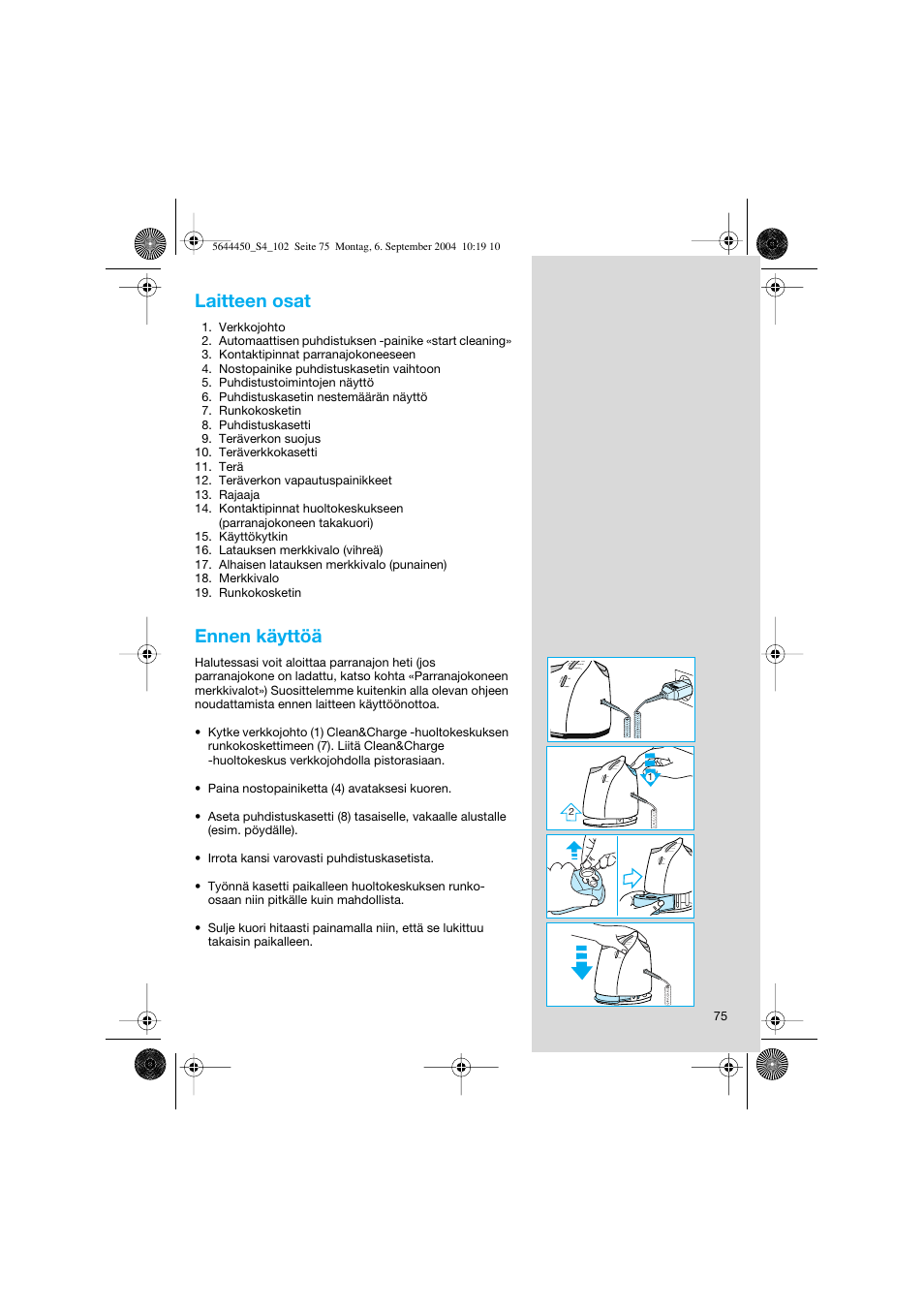 Laitteen osat, Ennen käyttöä | Braun 8585 Activator User Manual | Page 75 / 99