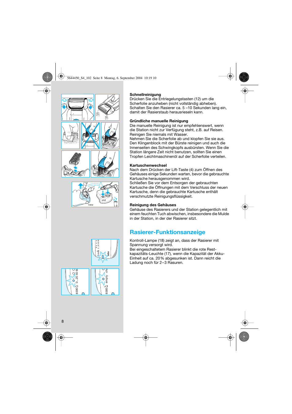 Rasierer-funktionsanzeige | Braun 8585 Activator User Manual | Page 8 / 99