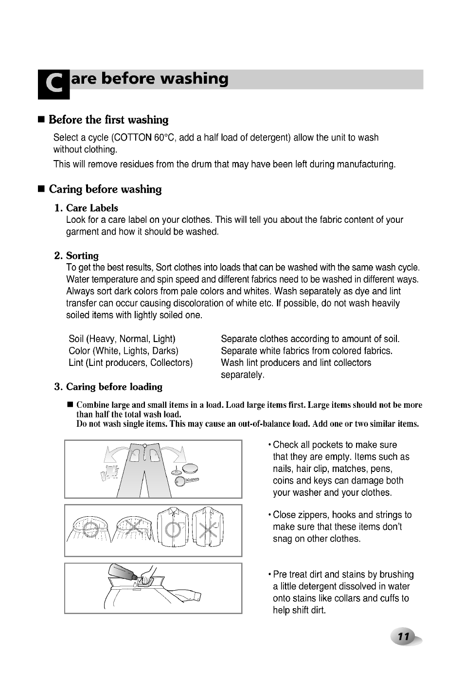 Are before washing, Before the first washing, Caring before washing | Care before washing | LG WD-12380TP User Manual | Page 11 / 28