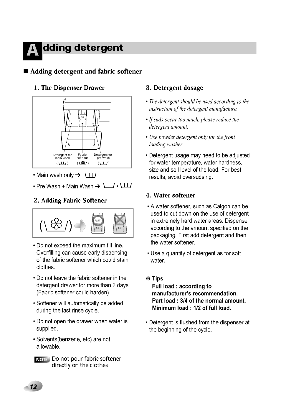 Ddìng detergent, Adding detergent, Adding detergent and fabric softener | LG WD-12380TP User Manual | Page 12 / 28