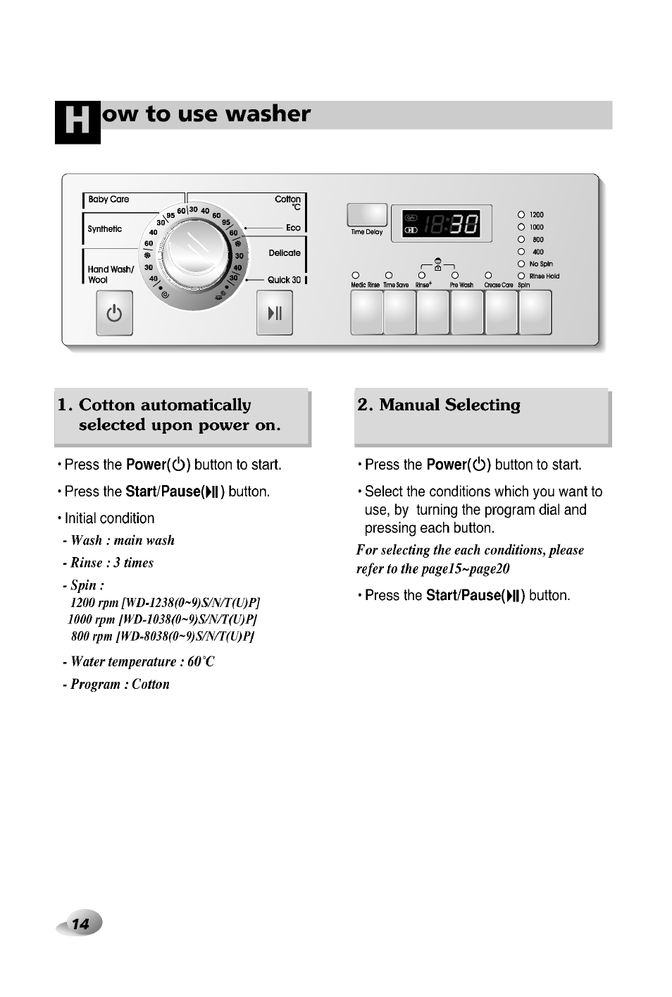 Ow to use washer, Cotton automatically selected upon power on, Manual selecting | LG WD-12380TP User Manual | Page 14 / 28