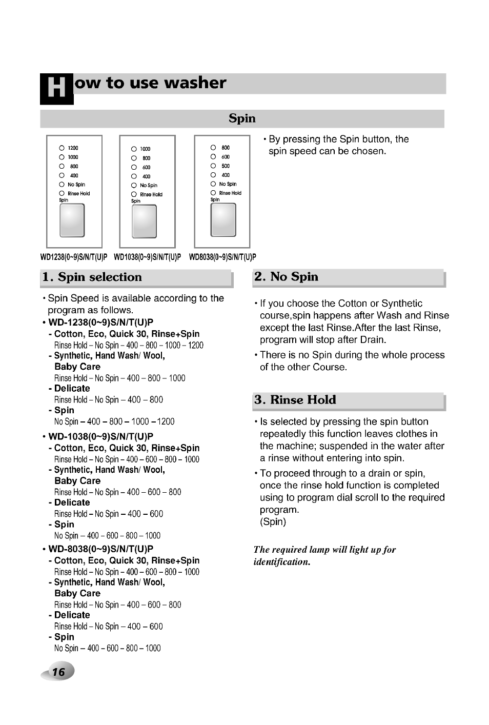 Ow to use washer, Spin, Spin selection 2. no spin | Rinse hold | LG WD-12380TP User Manual | Page 16 / 28