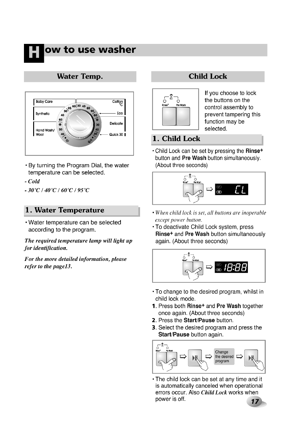 Ow to use washer, Water temp. child lock, Water temperature | Child lock | LG WD-12380TP User Manual | Page 17 / 28