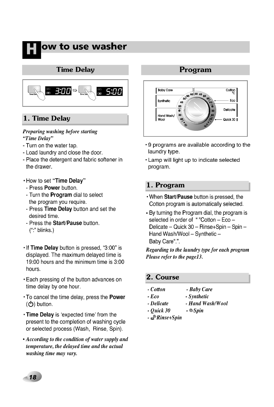 Program, Ow to use washer, Time delay 1. time delay | Course | LG WD-12380TP User Manual | Page 18 / 28