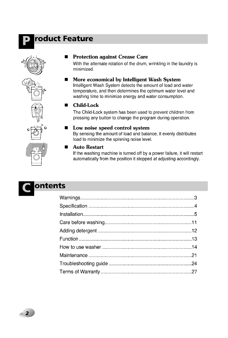 Product feature, Ontents | LG WD-12380TP User Manual | Page 2 / 28