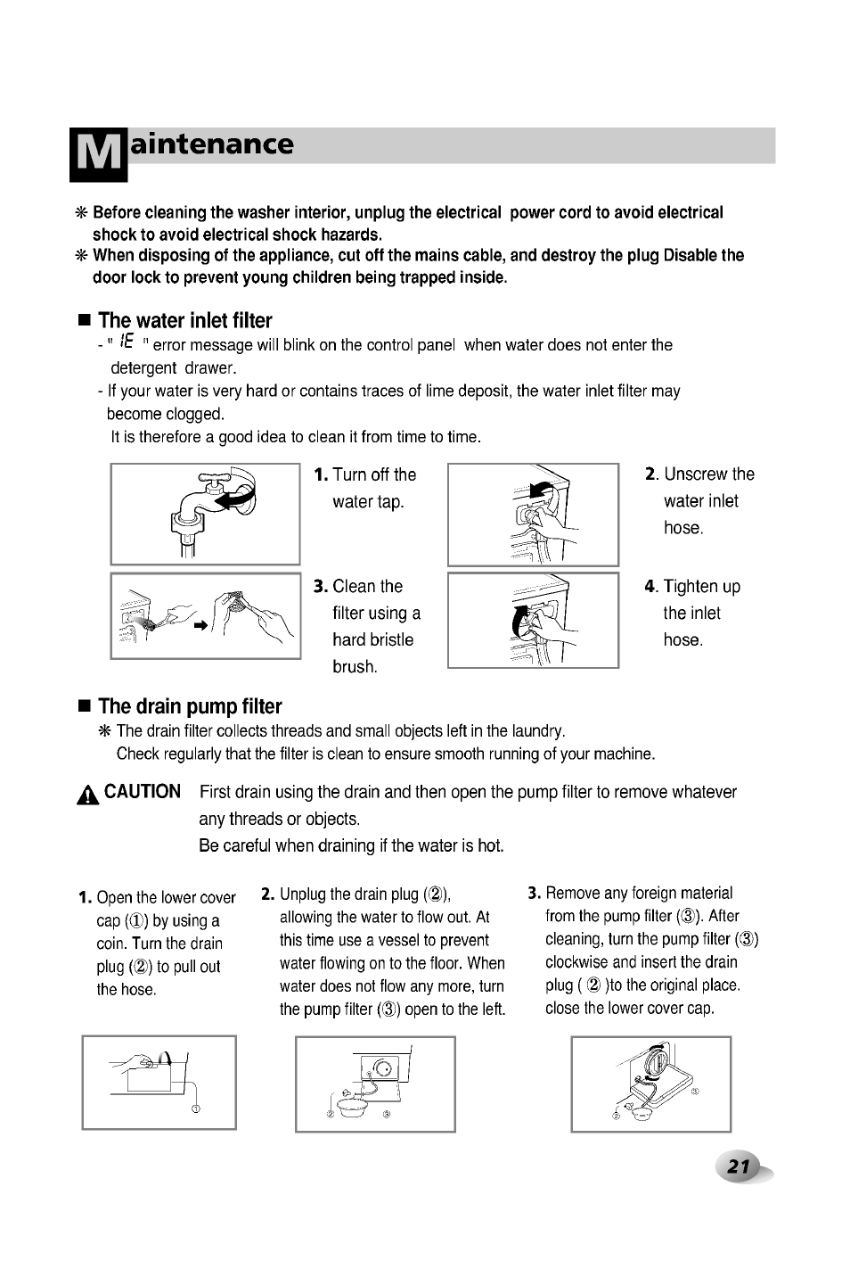 The water inlet filter, The drain pump filter, Aintenance | LG WD-12380TP User Manual | Page 21 / 28