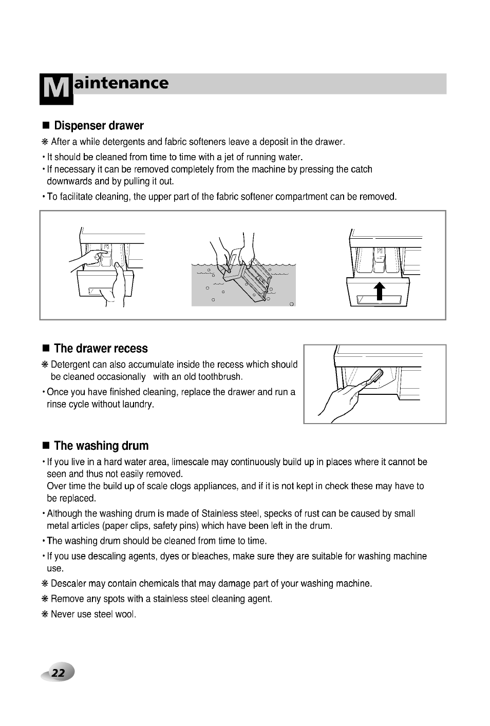 Dispenser drawer, The drawer recess, The washing drum | Aintenance | LG WD-12380TP User Manual | Page 22 / 28