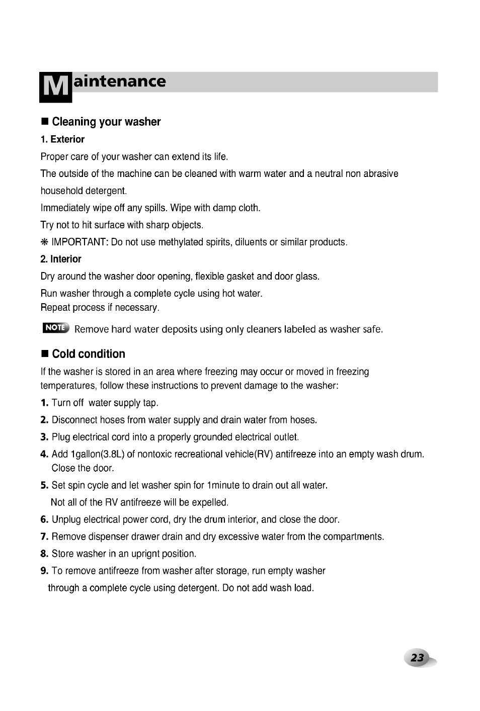 Cleaning your washer, Cold condition, Aintenance | LG WD-12380TP User Manual | Page 23 / 28