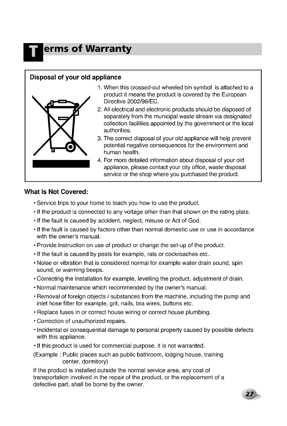 Erms of warranty, Disposal of your old appliance, What is not covered | Terms of warranty | LG WD-12380TP User Manual | Page 27 / 28