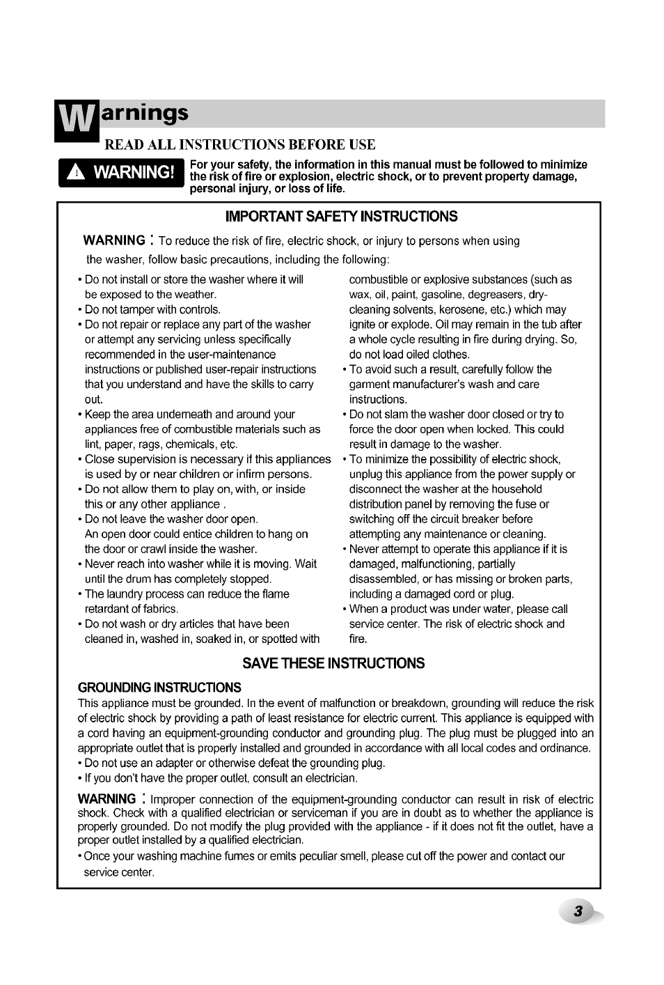 A warning, Warnings, Arnings | Read all instructions belore use | LG WD-12380TP User Manual | Page 3 / 28