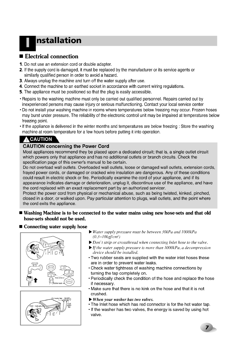 Nstallation, Electrical connection, Connecting water supply hose | LG WD-12380TP User Manual | Page 7 / 28