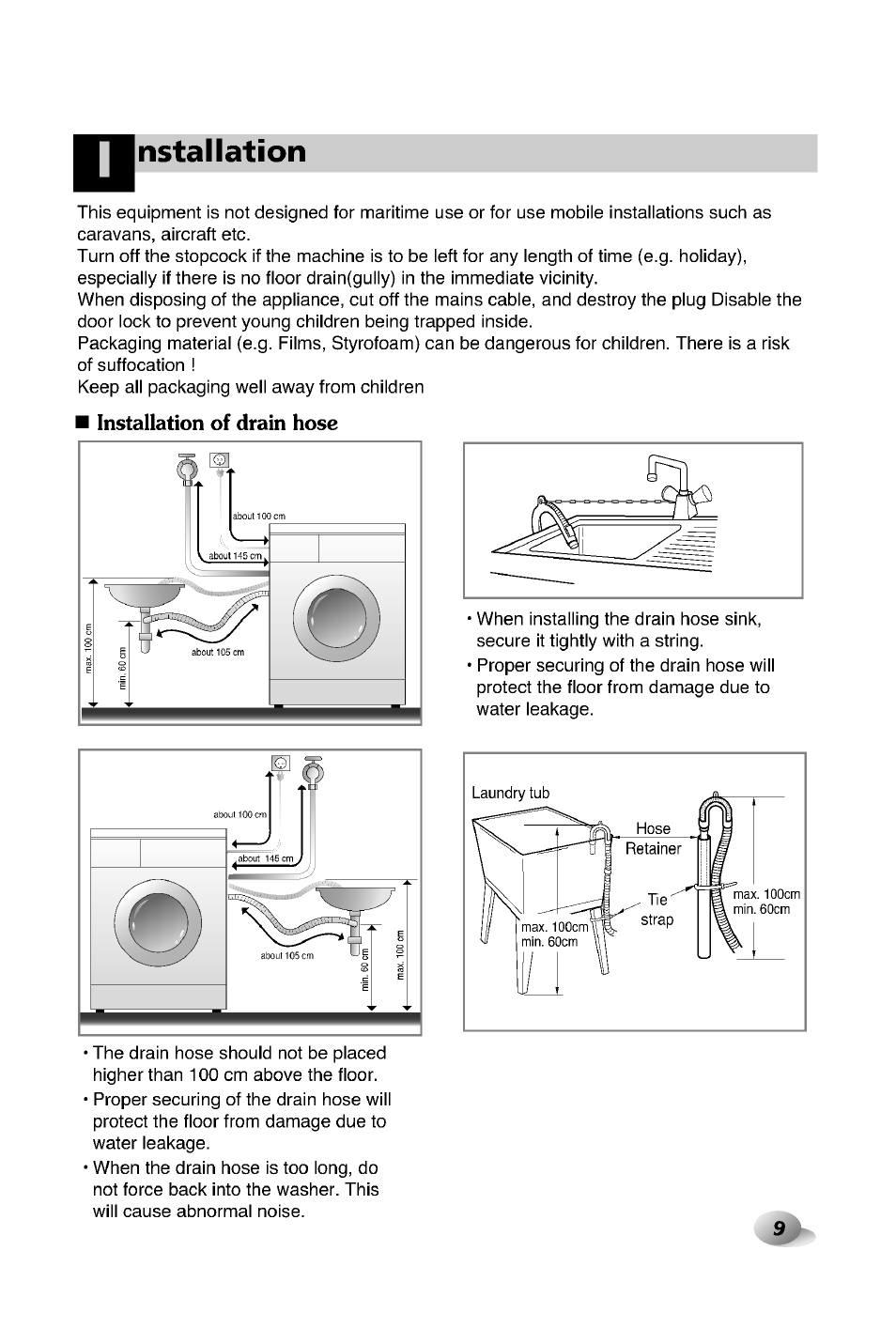 Nstallation, Installation of drain hose | LG WD-12380TP User Manual | Page 9 / 28