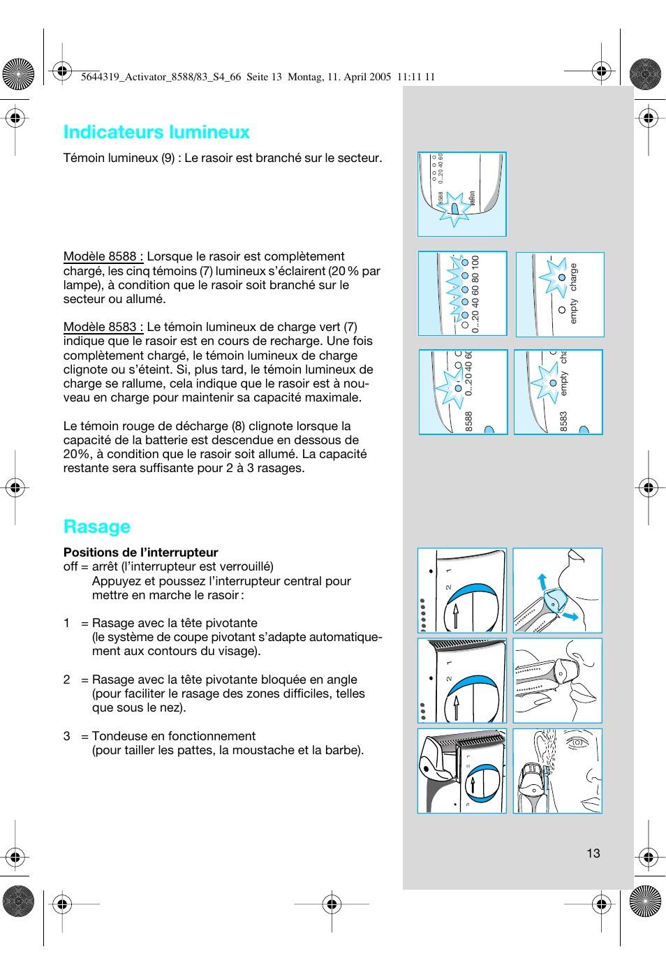 Indicateurs lumineux, Rasage | Braun 8588 Activator User Manual | Page 13 / 66