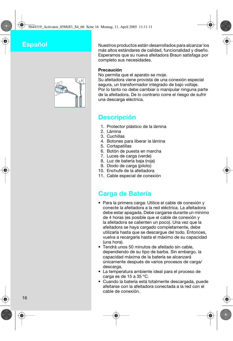 Descripción, Carga de batería, Español | Braun 8588 Activator User Manual | Page 16 / 66