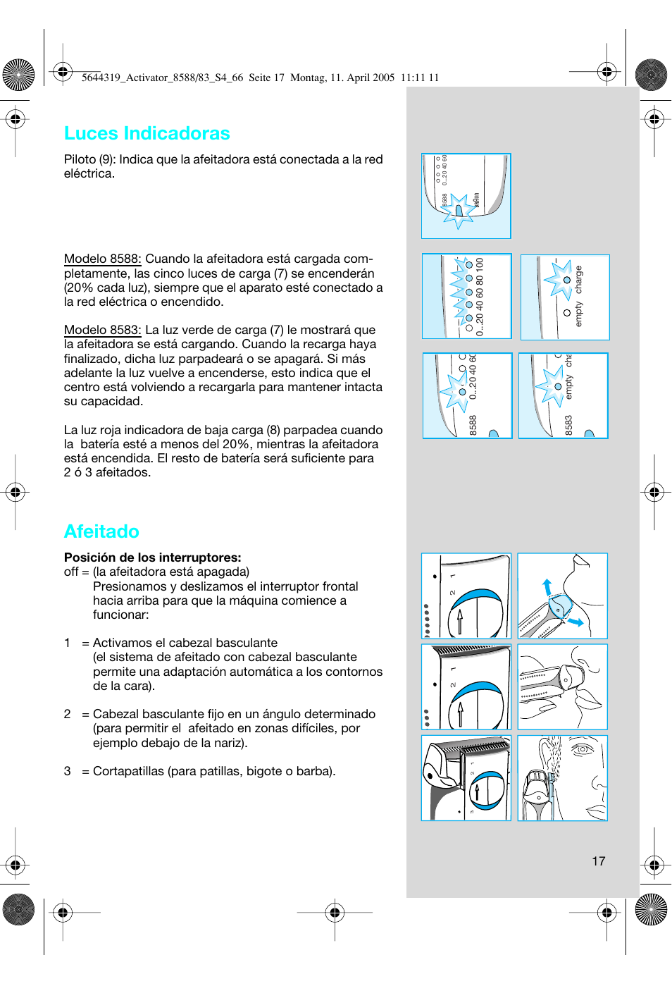 Luces indicadoras, Afeitado | Braun 8588 Activator User Manual | Page 17 / 66
