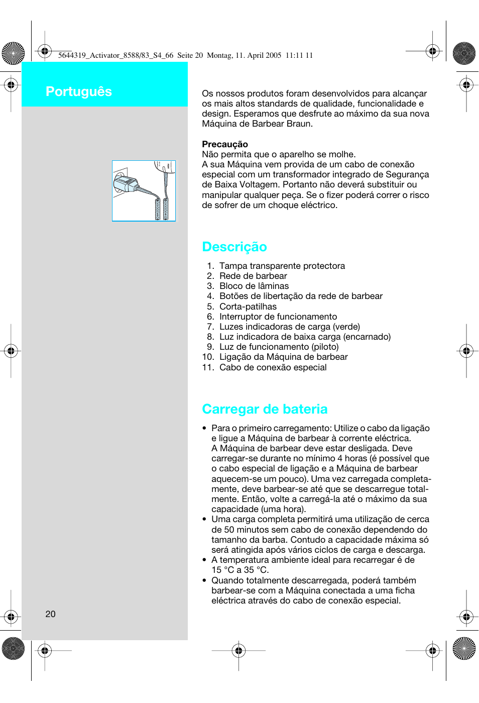 Descrição, Carregar de bateria, Português | Braun 8588 Activator User Manual | Page 20 / 66