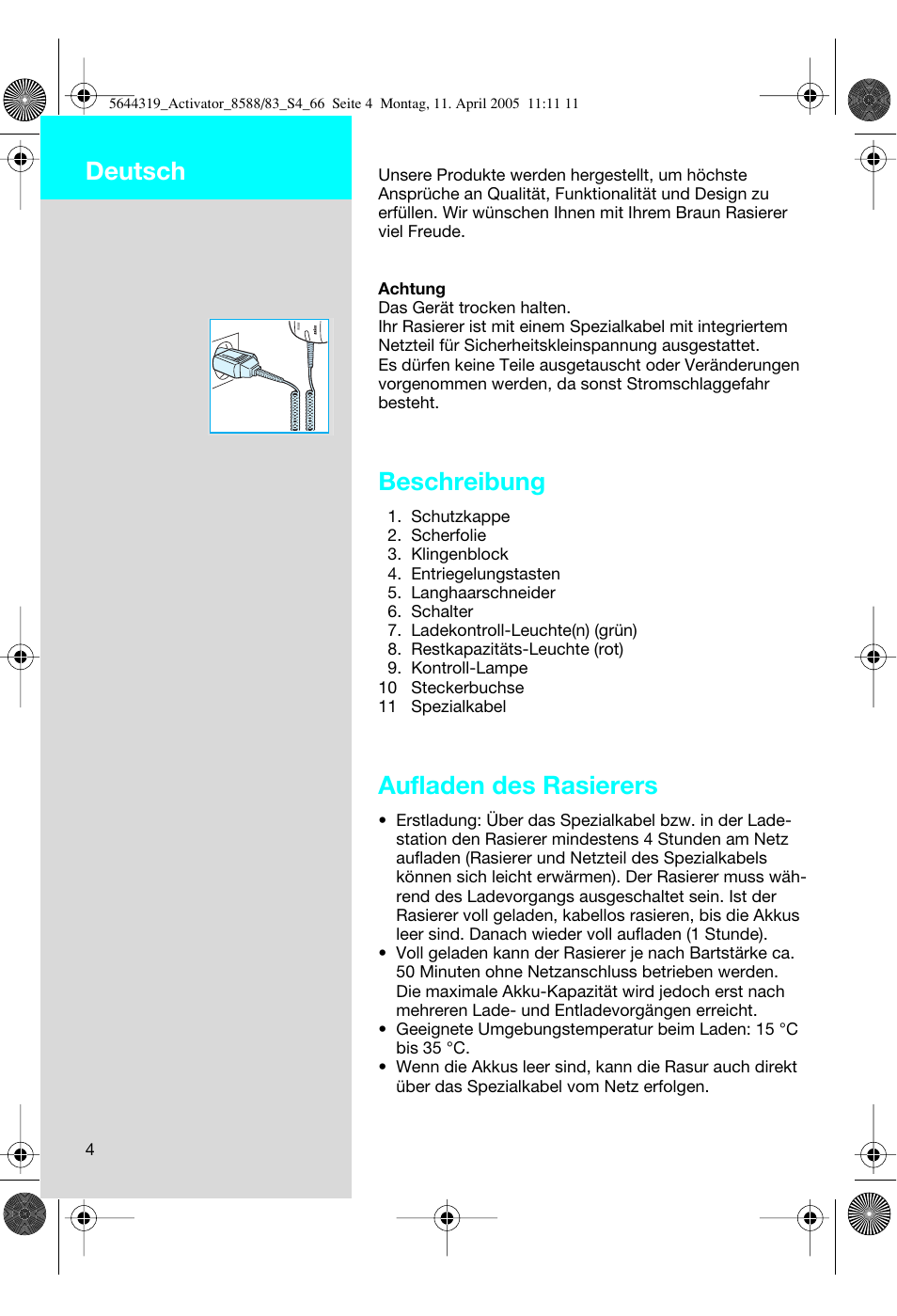 Beschreibung, Aufladen des rasierers, Deutsch | Braun 8588 Activator User Manual | Page 4 / 66