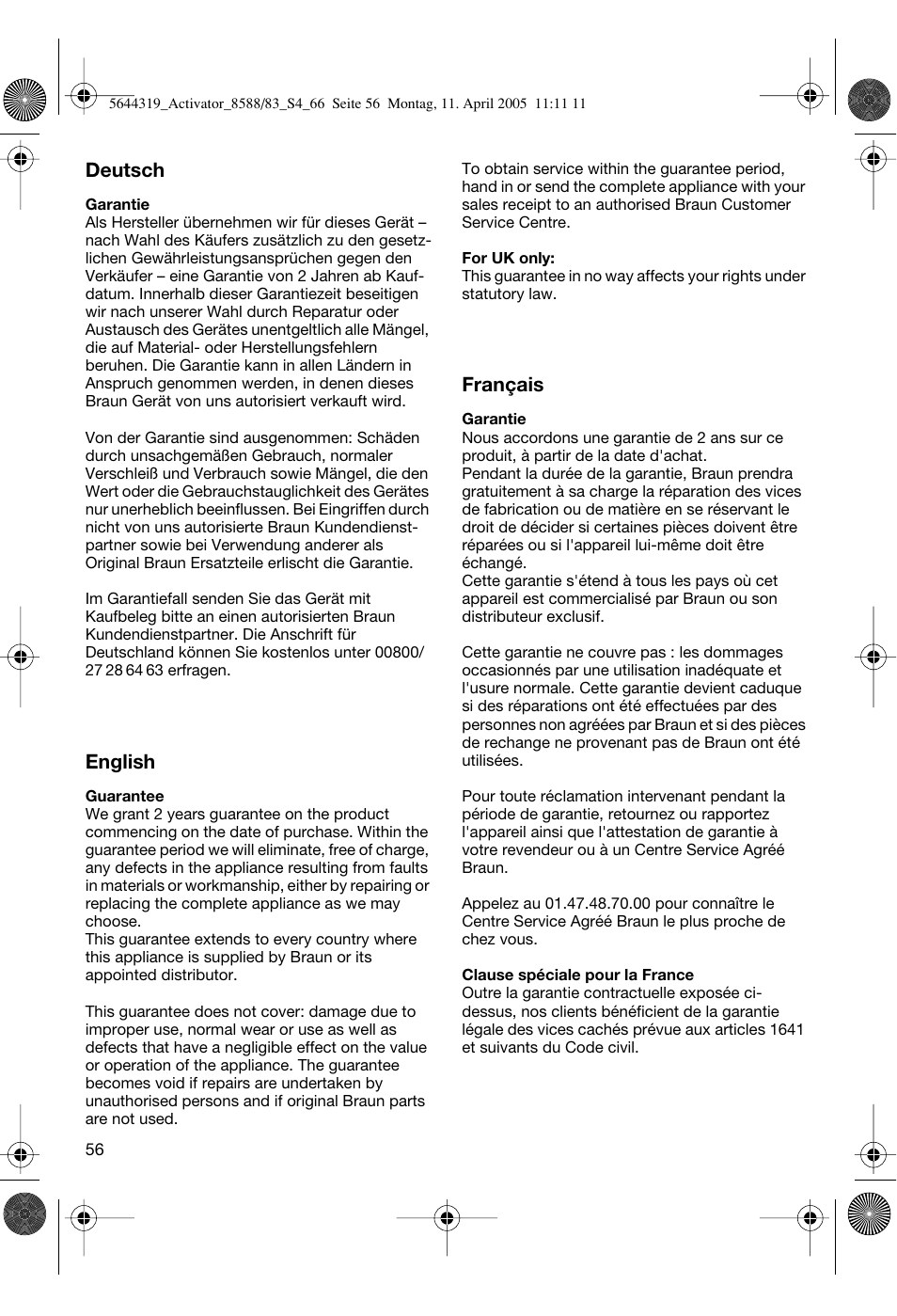 Deutsch, English, Français | Braun 8588 Activator User Manual | Page 56 / 66