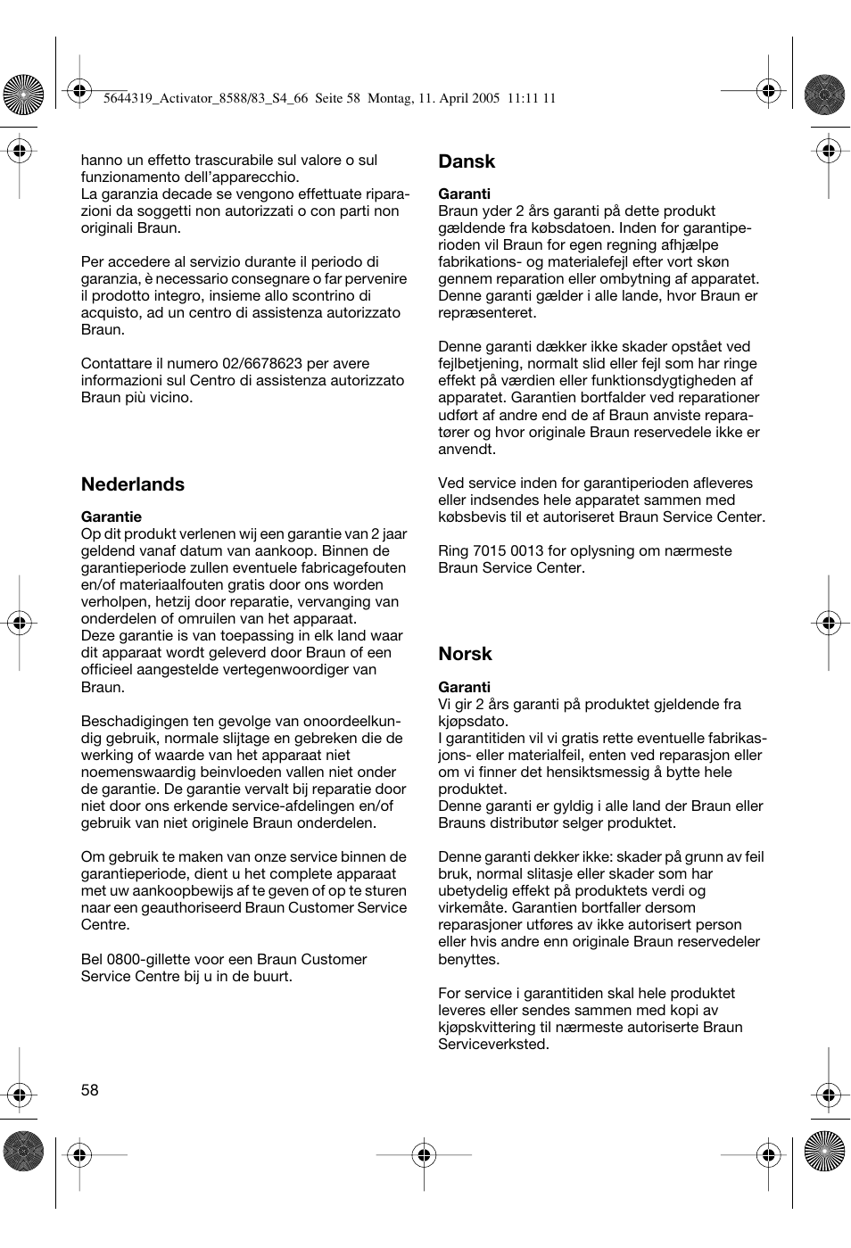 Nederlands, Dansk, Norsk | Braun 8588 Activator User Manual | Page 58 / 66